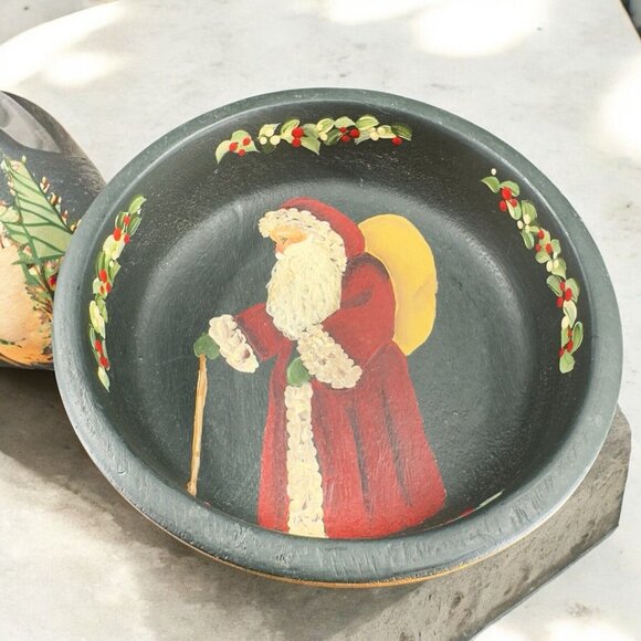 Folk Art Wood Other - Hand Made Folk Art Painted Soon Bowl Dish Santa Artist Signed N Turk Vintage